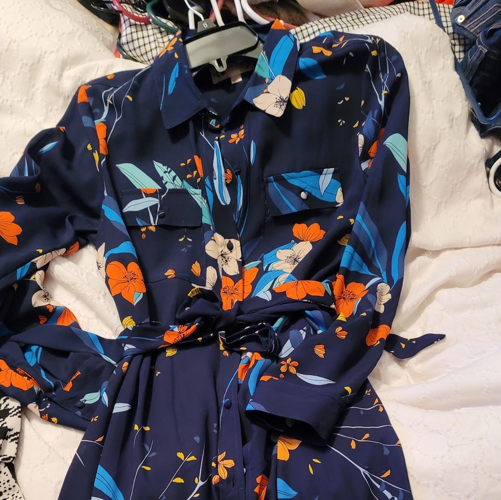 Navy floral print long sleeve, maxi shirt dress
